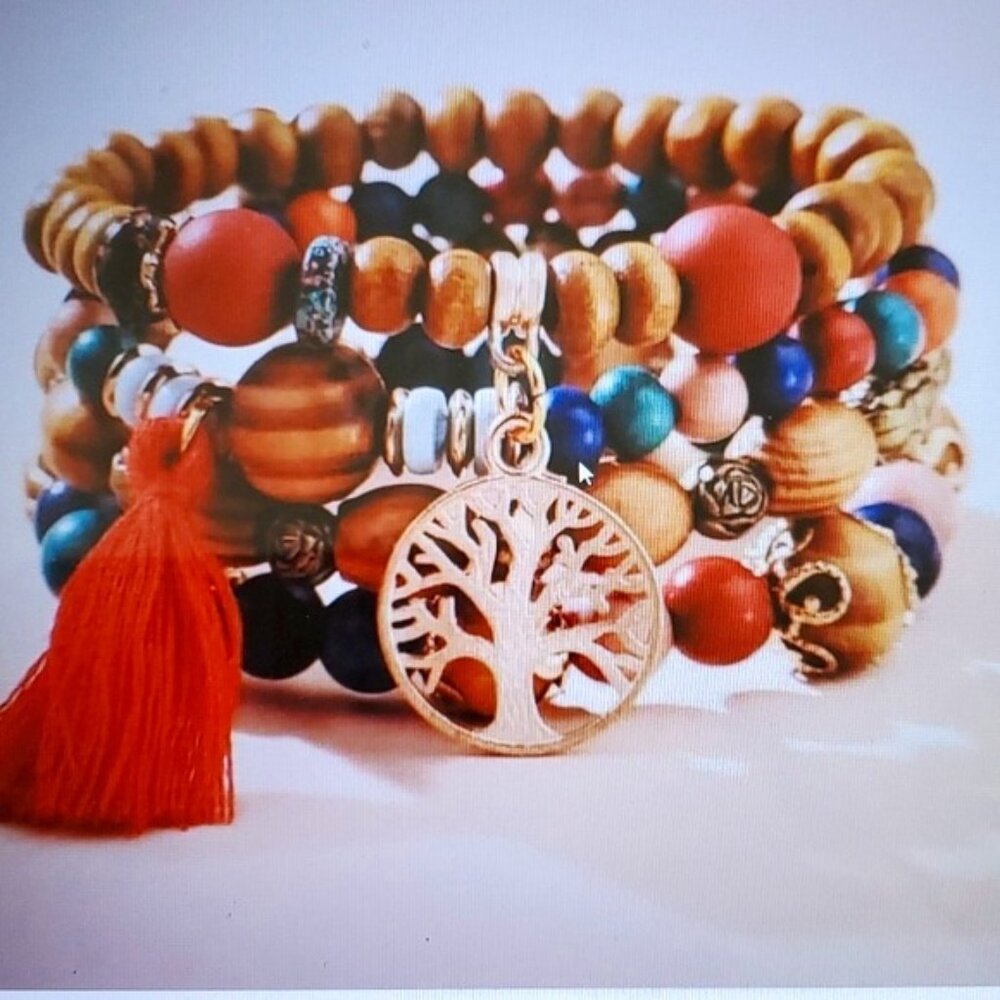 BOHO wooden beaded charm bracelet tree of life with tassel